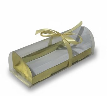 علبة شفافة أسطوانية بشريط ذهبي