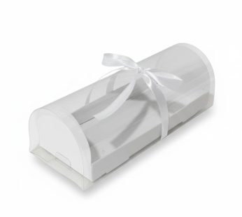 علبة بيضاء شفافة أسطوانية بشريط ابيض